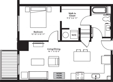 Floor plan for 1 bed, 1 bath, 717 sqft